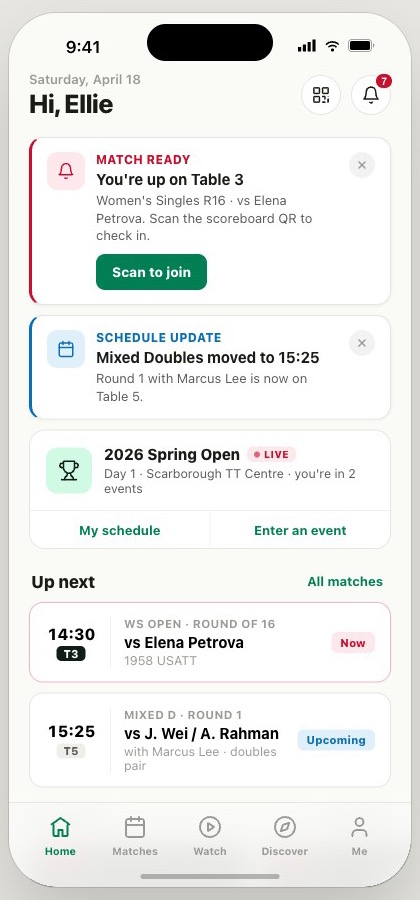 iMatch home showing live court calls and upcoming matches