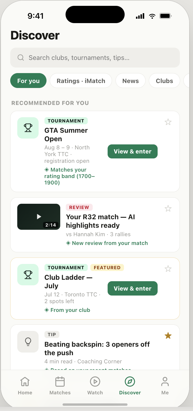 iMatch Discover recommendations for tournaments, reviews, and coaching tips